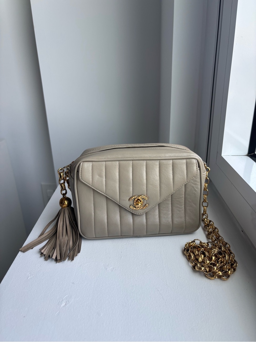Chanel Vintage Camera Bag from 1990s: Lambskin Gold Chain Vertical Quilt